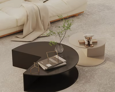 Modern Beige Sofa and Coffee Table Set With Black Light Tables Books Plant Teddy Bear 3d model