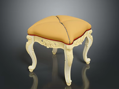 Elegant Stool With Yellow Stitched Upholstered Seat And White Carved Legs 3d model