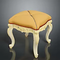 Elegant Stool With Yellow Stitched Upholstered Seat And White Carved Legs