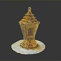 Golden Decorative Furniture With Intricate Carved Patterns And Red Accents On White Base