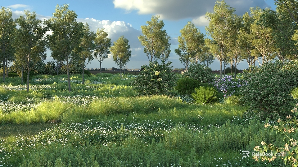Majestic Trees In Lush Green Meadow With White Flowers And Blue Sky Clouds 3d model 