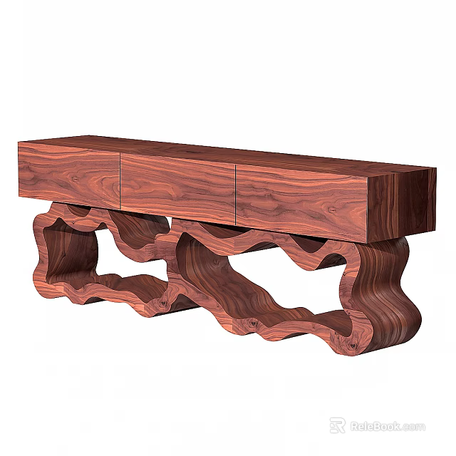 Walnut Wood TV Stand With Modern Design And Unique Wavy Legs Storage Space 3d model 
