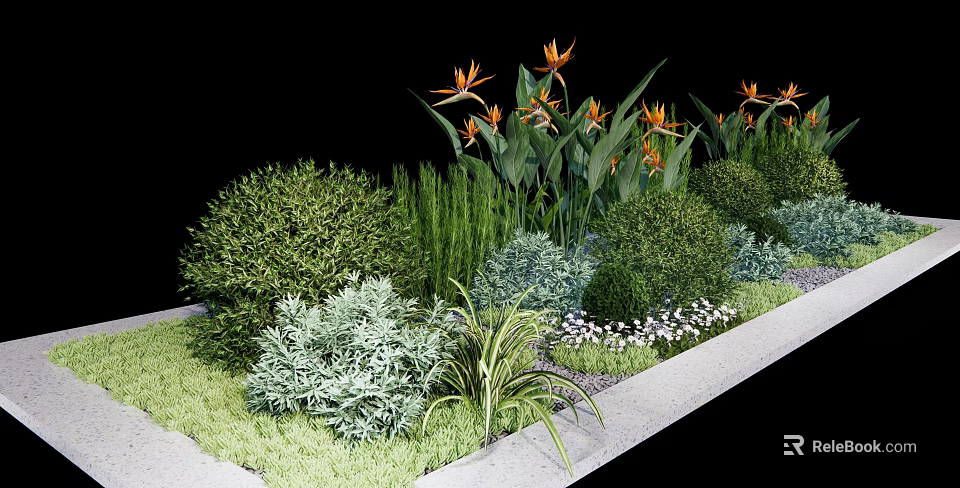Lush Diverse Shrubs in Garden Landscaping with Orange Flowers Green Grasses and Small White Blooms 3d model 