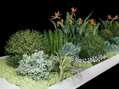 Lush Diverse Shrubs in Garden Landscaping with Orange Flowers Green Grasses and Small White Blooms 3d model