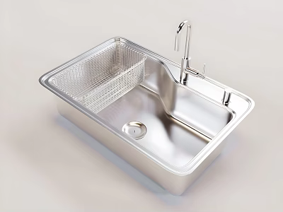 Modern Stainless Steel Single Bowl Kitchen Sink With Drainer Basket And Faucet 3d model