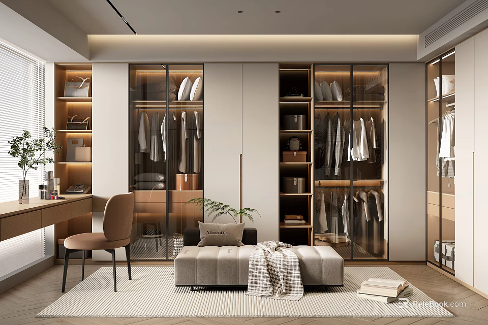 Modern Walk In Closet Design With Glass Doors Storage And Seating Area 3d model 