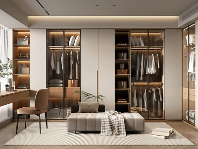 Modern Walk In Closet Design With Glass Doors Storage And Seating Area 3d model