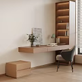 Modern Study Room Interior With Wooden Desk Bookshelf Chair Potted Plant And Decorative Painting