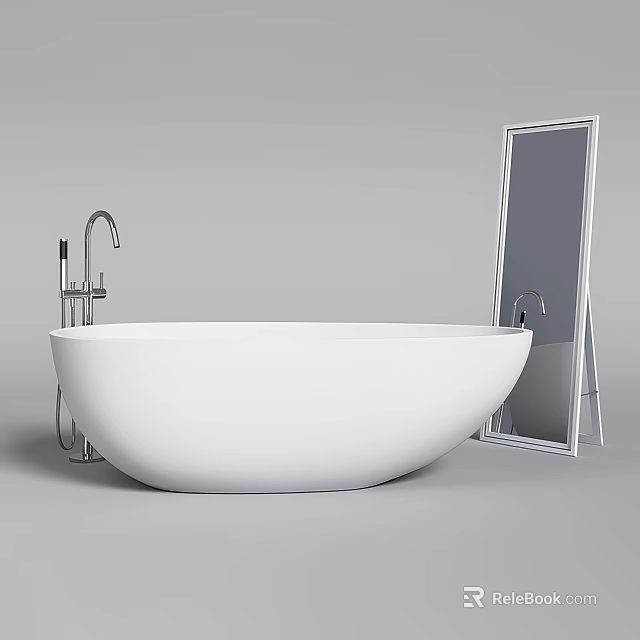 Sleek White Freestanding Bathtub With Chrome Faucet And Full Length Mirror In Modern Bathroom Interior Design 3d model 