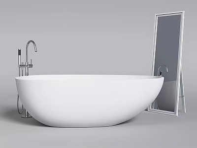 Sleek White Freestanding Bathtub With Chrome Faucet And Full Length Mirror In Modern Bathroom Interior Design 3d model