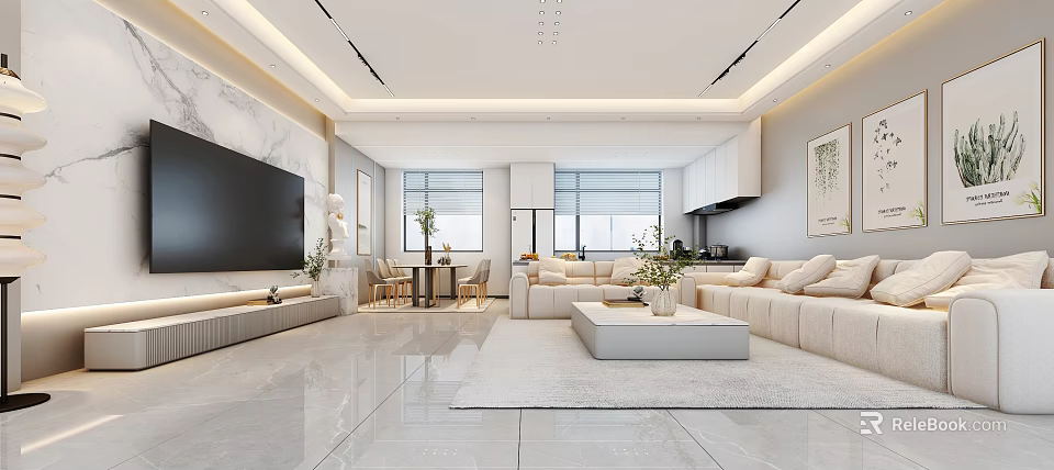 Modern Luxury Open Living Dining Room With Marble Sofa Dining Table TV Wall Pendant Lights 3d model 