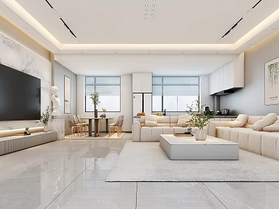 Modern Luxury Open Living Dining Room With Marble Sofa Dining Table TV Wall Pendant Lights 3d model