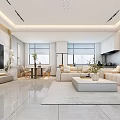 Modern Luxury Open Living Dining Room With Marble Sofa Dining Table TV Wall Pendant Lights