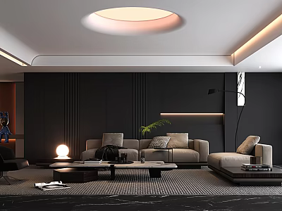 Modern Living Room Interior With Dark Paneled Walls Beige Sofa And Coffee Table 3d model