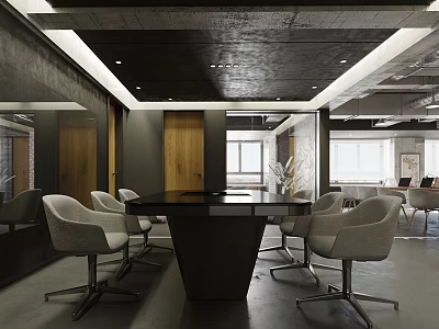 Modern Public Office Space Interior With Conference Table Ergonomic Chairs Wooden Doors And Large Windows 3d model