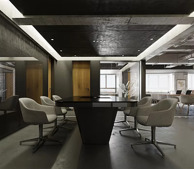 Modern Public Office Space Interior With Conference Table Ergonomic Chairs Wooden Doors And Large Windows 3d model