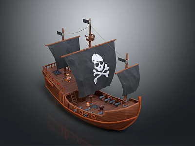 Wooden Pirate Ship Watercraft With Black Sails And Skull Crossbones Flag 3d model