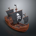 Wooden Pirate Ship Watercraft With Black Sails And Skull Crossbones Flag
