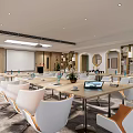 Modern Conference Room Interior With Long Table White Brown Chairs And Pendant Lights