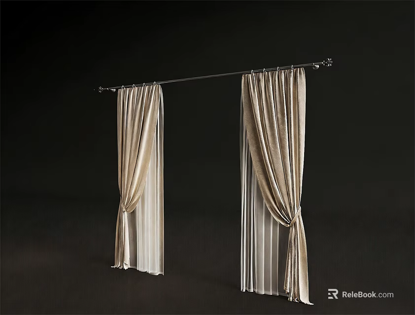 Elegant Beige Curtains With Decorative Knots On Silver Curtain Rod 3d model 