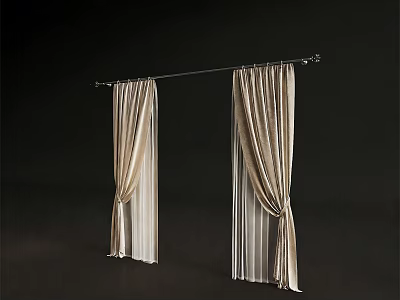 Elegant Beige Curtains With Decorative Knots On Silver Curtain Rod 3d model