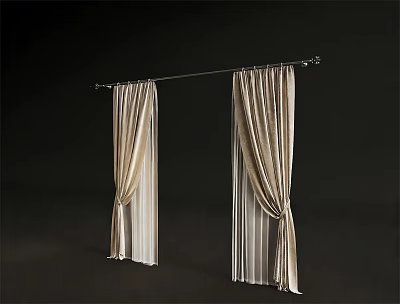 Elegant Beige Curtains With Decorative Knots On Silver Curtain Rod 3d model