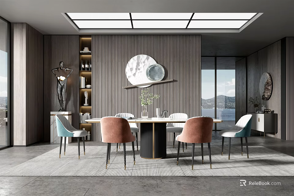 Elegant Modern Restaurant Interior With Round Dining Table Colorful Chairs Pendant Lights And Scenic View 3d model 