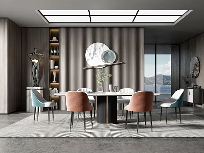 Elegant Modern Restaurant Interior With Round Dining Table Colorful Chairs Pendant Lights And Scenic View 3d model