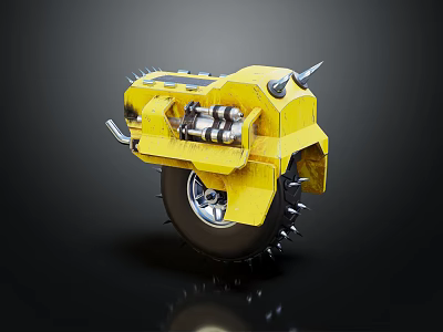 Vibrant Yellow Spiked Off Road Tire With Mechanical Components And Metal Spikes 3d model