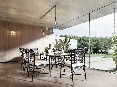 Modern Restaurant Interior With Wooden Walls Glass Panels Dining Table Chairs And Pendant Lights 3d model