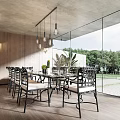 Modern Restaurant Interior With Wooden Walls Glass Panels Dining Table Chairs And Pendant Lights