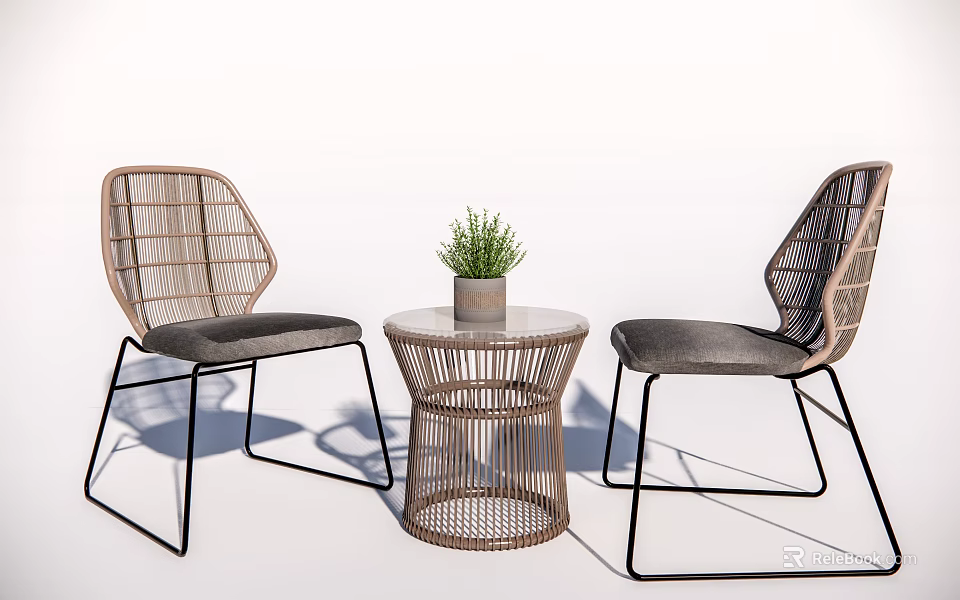 Modern Rattan Table and Chair Set with Metal Frame Gray Cushion and Small Plant 3d model 