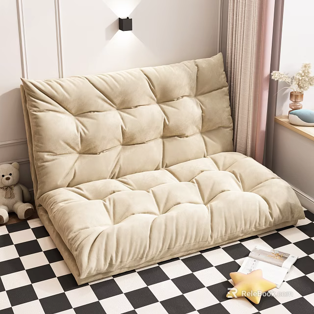 Beige Plush Floor Sofa With Quilted Design On Black And White Checkered Floor 3d model 