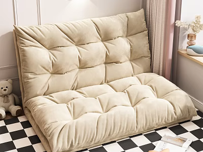 Beige Plush Floor Sofa With Quilted Design On Black And White Checkered Floor 3d model
