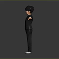 3D Child Model in Black Uniform with Yellow Buttons Standing Arms Outstretched on Gray Background
