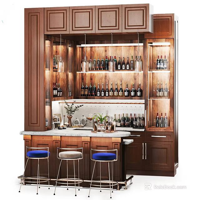 Elegant Bar Interior With Wooden Cabinets Wine Bottles On Shelves Marble Counter Stools And Decorative Plants 3d model 