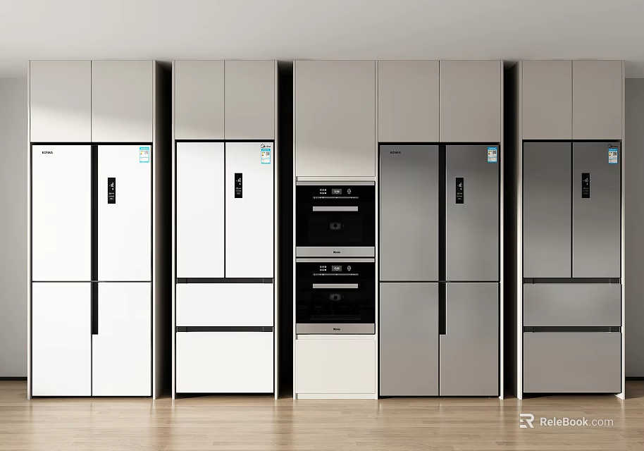 Modern Kitchen With Silver And White Refrigerators Freezers And Black Oven On Wooden Floor 3d model 
