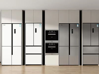 Modern Kitchen With Silver And White Refrigerators Freezers And Black Oven On Wooden Floor 3d model