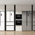 Modern Kitchen With Silver And White Refrigerators Freezers And Black Oven On Wooden Floor