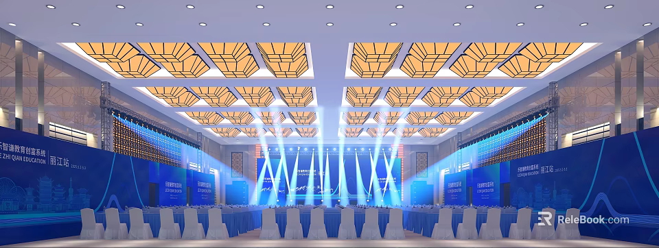 Modern Luxury Spacious Banquet Hall With Exquisite Ceiling Lights And Professional Stage Lighting 3d model 