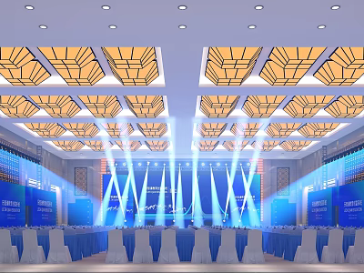 Modern Luxury Spacious Banquet Hall With Exquisite Ceiling Lights And Professional Stage Lighting 3d model