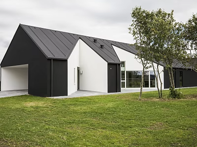 Modern Detached House Exterior With Black Roof White Walls Large Windows And Green Lawn 3d model