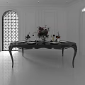 Modern Black Dining Table Set With Floral Arrangement Tableware And Candles In White Room