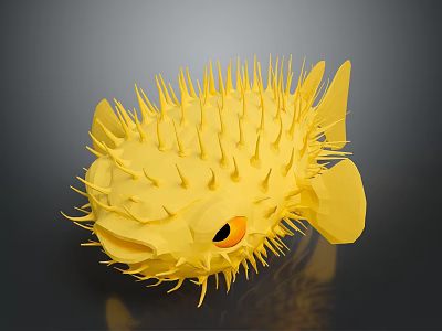 Yellow Puffer Fish With Sharp Spikes And Orange Eye On Gray Background 3d model