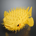 Yellow Puffer Fish With Sharp Spikes And Orange Eye On Gray Background