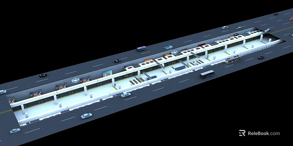 Overhead View Of Urban Metro System With Tracks Platforms And Road Infrastructure 3d model 