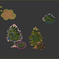 Green Trees With Blue Fruits And Small Shrubs Near Orange Clouds