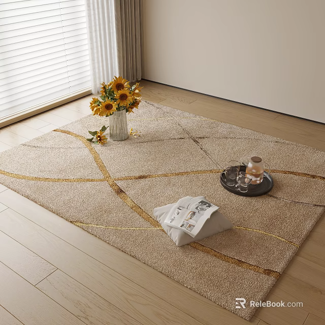 Beige Square Area Rug With Gold Lines Tray Cup And Magazine On Wooden Floor 3d model 