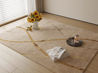 Beige Square Area Rug With Gold Lines Tray Cup And Magazine On Wooden Floor 3d model
