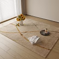 Beige Square Area Rug With Gold Lines Tray Cup And Magazine On Wooden Floor